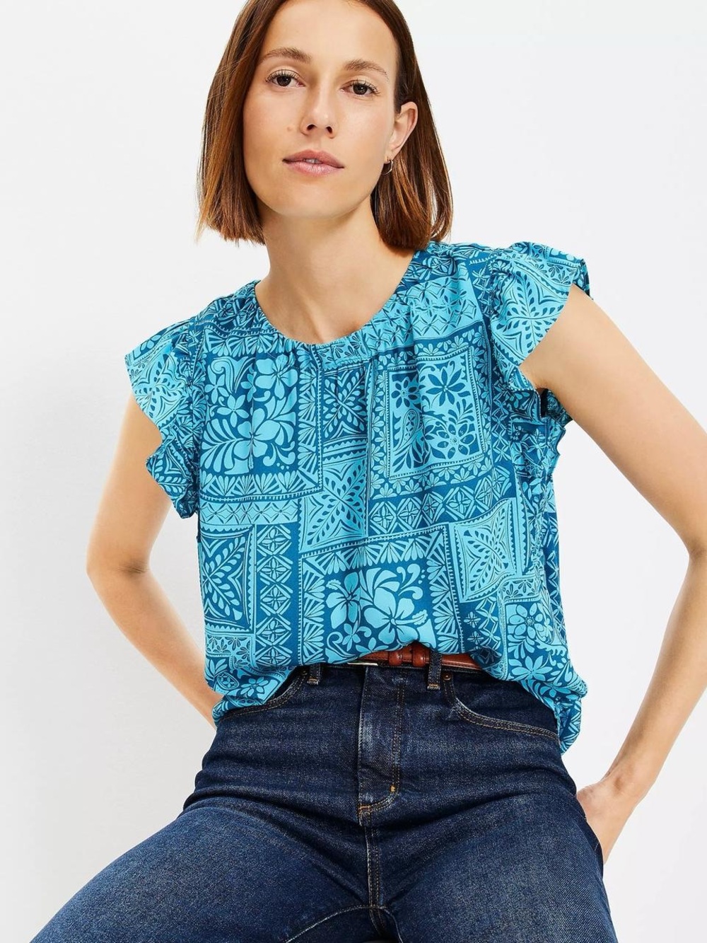 LOFT Turquoise Blue Floral Patchwork Flutter Sleeve Top